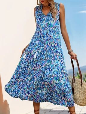 Blue Geo Maxi Dress With Tassel Tie